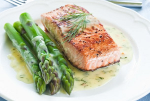 Thyme-Glazed Salmon with Asparagus and  Fingerling Potatoes